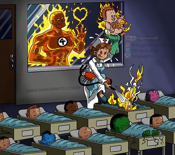 La Antorcha Humana |: ¿Y si los superhéroes de Marvel y DC tuvieran hijos? bayas de cerebro